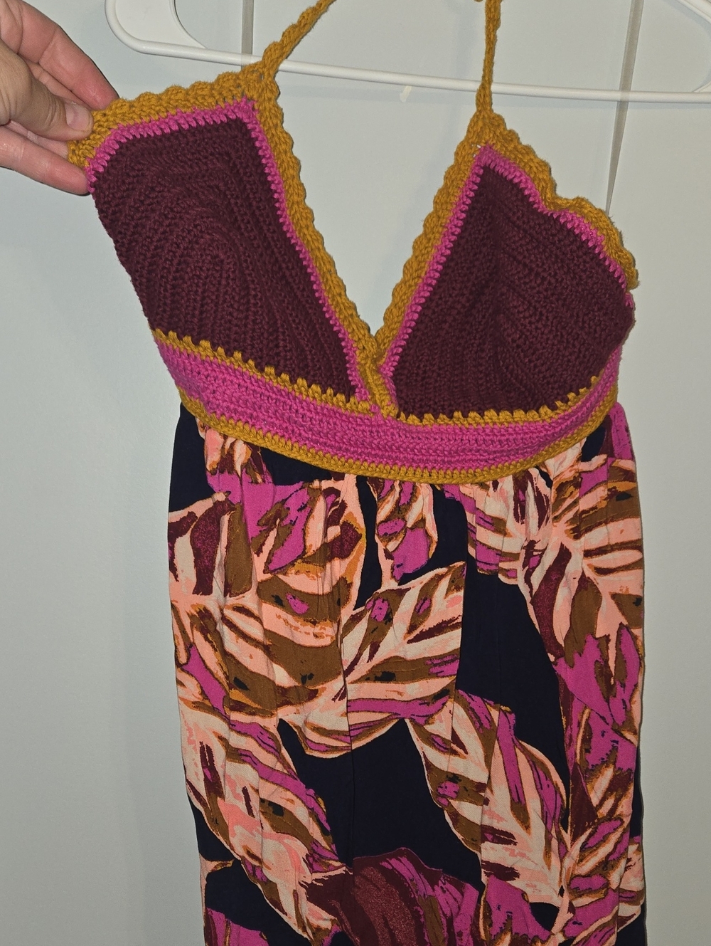 Mossimo Tropical Maxi Dress with Mustard Maroon And Pink Crochet Top, XL - Picture 2 of 8